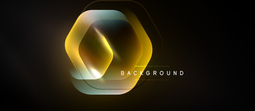 Abstract hexagon shapes overlap, creating golden glow effect. Dark background emphasizes luminosity, modern design element.