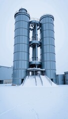 Obraz premium Tall industrial silos in snowy landscape.