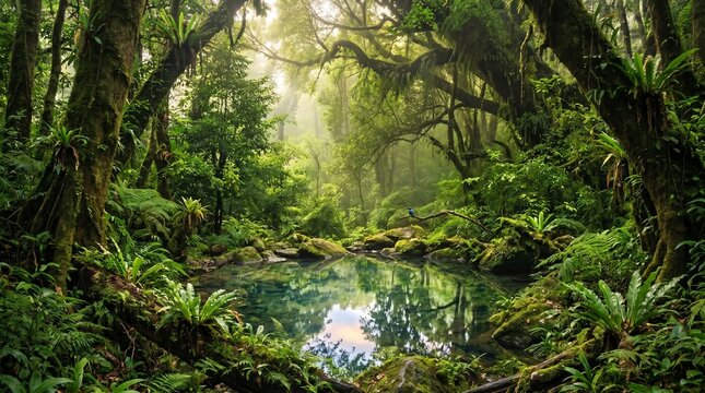 Lush tropical rainforest thrives with vibrant, dense foliage and ancient trees embracing a tranquil, crystal-clear pond, illuminated by gentle, filtered sunlight