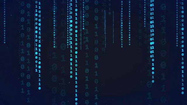 Abstract blue binary code rain falling vertically on a dark digital background for technology concepts