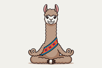 Obraz premium Adorable cartoon llama sits in a peaceful meditation pose wearing a colorful sash with traditional patterns for a relaxing yoga concept.