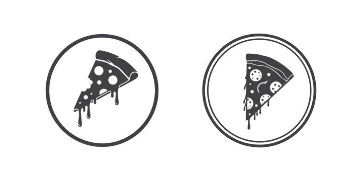 Two black and white pizza slice icons in circular frames on white background