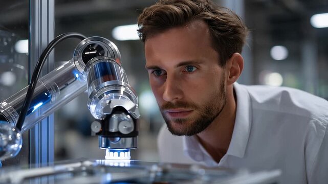 Young scientist observes robotic arm in lab setting
