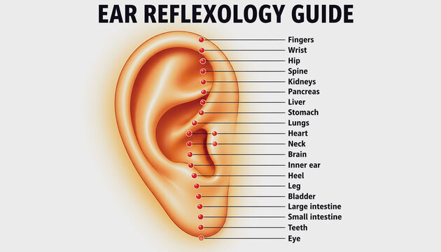 Ear reflexology chart guide showing pressure points and organs