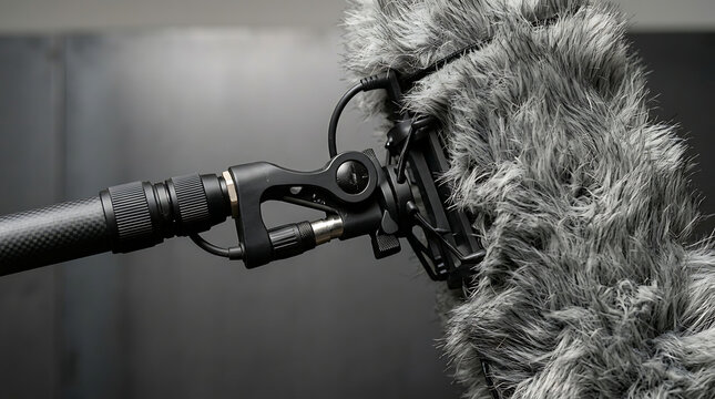 Professional shotgun microphone with a furry wind muff mounted on a boom pole, crucial equipment for capturing high-quality sound in film, television, and field recording productions
