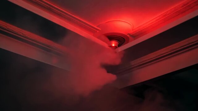 Smoke emanating from ceiling smoke detector with red light illuminating the corner of a room, showcasing a gradual increase in smoke density and visibility