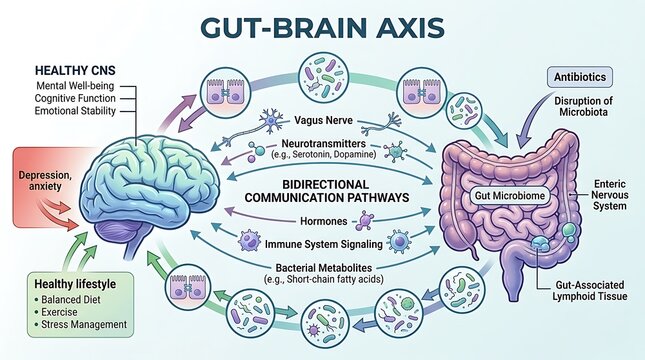 Gut-brain axis communication pathway and microbiota diagram