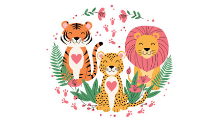 Fototapeta premium Sweet illustration of a baby tiger cub, leopard, and lion sitting together surrounded by green leaves and flowers.