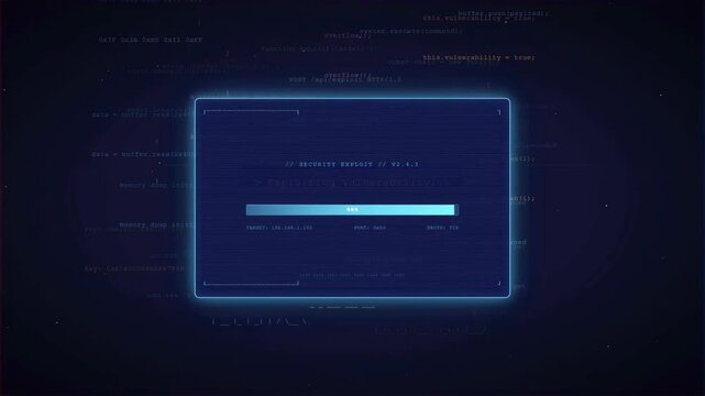 Digital Cyber Security Interface with Scrolling Code and Vulnerability Exploitation Warning on Dark Blue Screen
