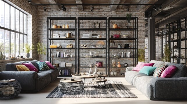 Modern interior living room with sofas bookshelves and daylight