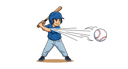 Fototapeta premium Young baseball player in a blue uniform and helmet swinging his bat to hit a fast-moving baseball with great speed and skill.