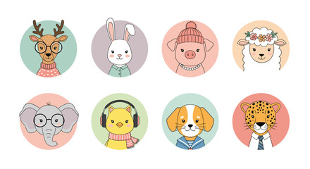 Obraz premium Collection of cute animal head icons featuring a deer, rabbit, pig, sheep, elephant, bird, dog, and leopard in colorful circles.