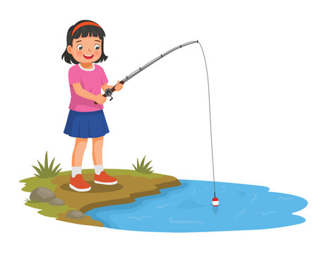 Little girl fishing  at the river holding a fishing rod