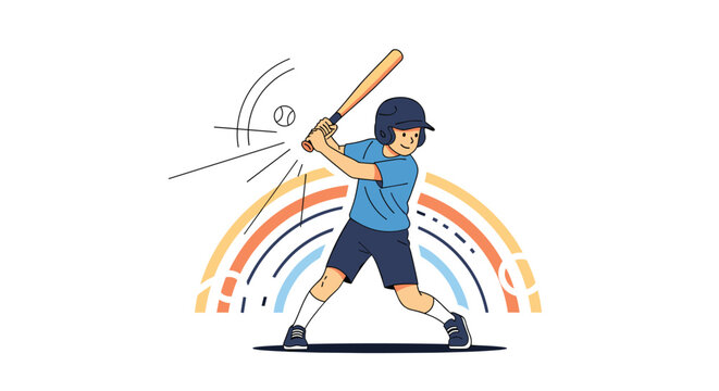 Young baseball player in full uniform swinging a bat to hit the ball in front of a colorful rainbow graphic background.