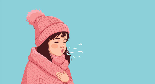 Young girl in pink winter clothes and a pom-pom hat blowing air or coughing against a blue background for safety health.