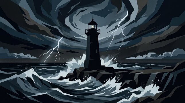 Stormy lighthouse amidst crashing waves under dramatic lightning