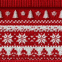 Naklejka premium Red and white knitted fabric with traditional Christmas spruce tree and snowflake decorative patterns