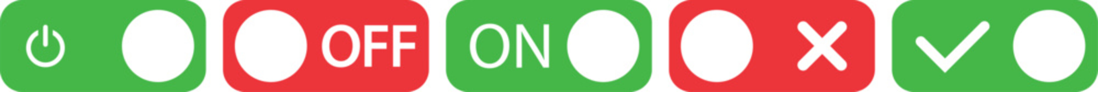 Toggle switch UI element set showing on, off. Control Switch icon with Enabled and disabled states.  Set of colorful toggle switch buttons for web interface design with power symbols and text labels 