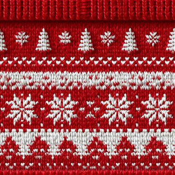 Red and white knitted fabric with traditional Christmas spruce tree and snowflake decorative patterns