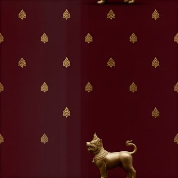 Golden singha lion sculpture positioned against a deep burgundy wall with repeated leaf patterns