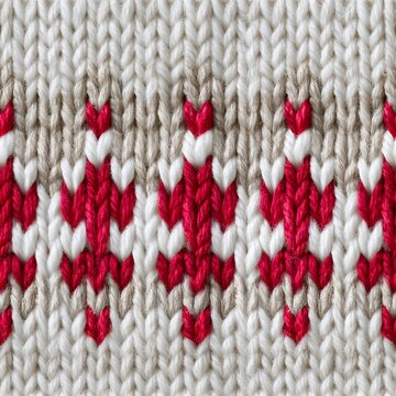 Detailed close up of knitted fabric featuring a red white and beige geometric diamond pattern repeat
