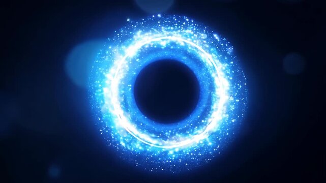 Circular blue light effect with glowing particles expanding outward, creating a mesmerizing visual display against a dark background in a continuous motion sequence