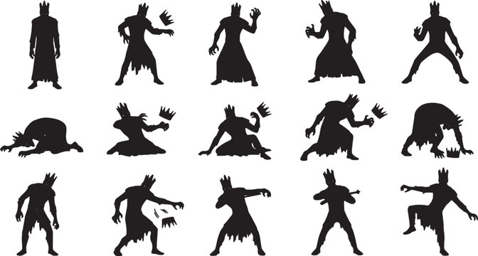 Set of fifteen black silhouette illustrations featuring undead kings and monstrous royal figures wearing crowns in various poses including standing, crawling, and reaching.