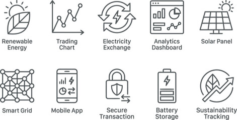 Fototapeta premium Energy icons: renewable, solar, battery, grid, analytics