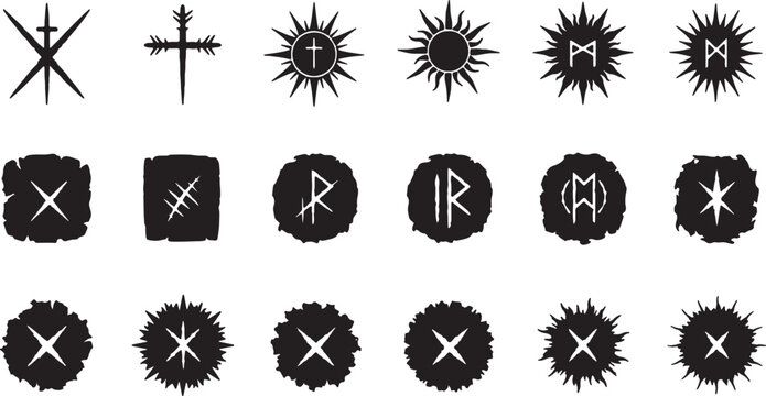 Set of 18 black silhouette fantasy symbols featuring Norse runes, mystical sun icons, thorns crosses, and occult sigils isolated on a white background for game design and branding elements.