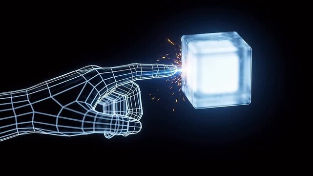 Wireframe 3D hand pointing at glowing transparent ice cube with particles on black background