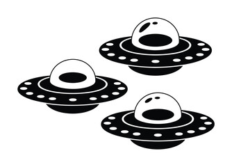 A minimalist black and white featuring three classic flying saucer ufos isolated on a white background © vector Art