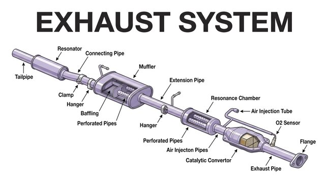 Automotive Exhaust System Detailed Diagram Illustrating Component Structure and Gas Flow for Vehicle Repairs