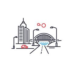 Fototapeta premium Urban landscape line art cityscape illustration featuring bridge and road