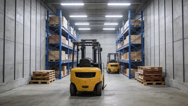 Forklifts operate in a warehouse with shelving units and pallets stored