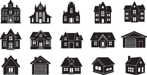Fototapeta premium Collection of fifteen black house silhouettes on a white background featuring various architectural styles such as Victorian mansions, suburban cottages, garages, and gothic structures.