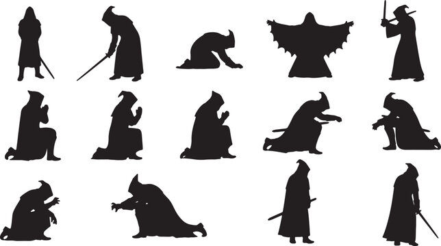 Black vector silhouette illustration set featuring hooded figures in robes, medieval warriors with swords, and monks in prayer, kneeling, and standing poses on white.