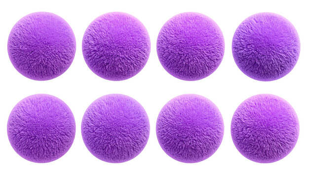 Eight fluffy, spherical, violet objects are arranged in two rows of four on a black backdrop. The objects are soft