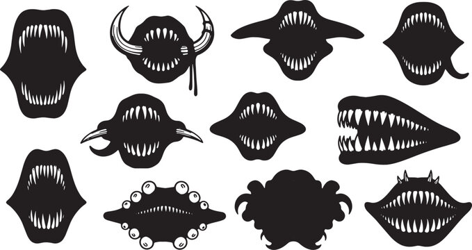 Collection of black monster mouth silhouettes featuring sharp pointed teeth and fangs. Set includes various creature jaws with horns and multiple eyes isolated on white background.