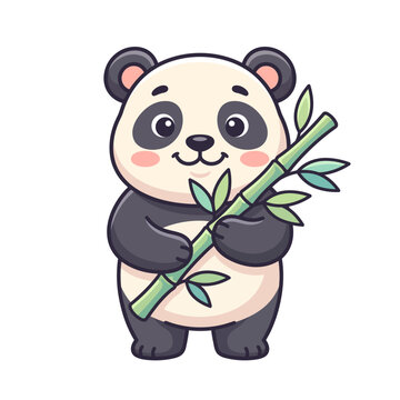 Adorable cartoon baby panda illustration, exuding pure joy while gently clutching fresh green bamboo stalks, symbolizing a connection with nature and serene happiness
