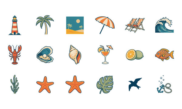 Summer Beach Resort Marine Life Flat Vector Elements.