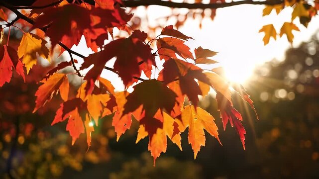 A vibrant close-up showcases the fiery hues of autumn leaves backlit by a warm, golden sunlight filtering through the branches.