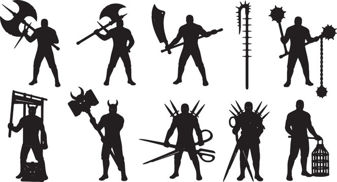 Collection of ten black silhouettes representing medieval fantasy warriors and executioners holding diverse weapons including battle axes, spiked maces, giant scissors, and cages.