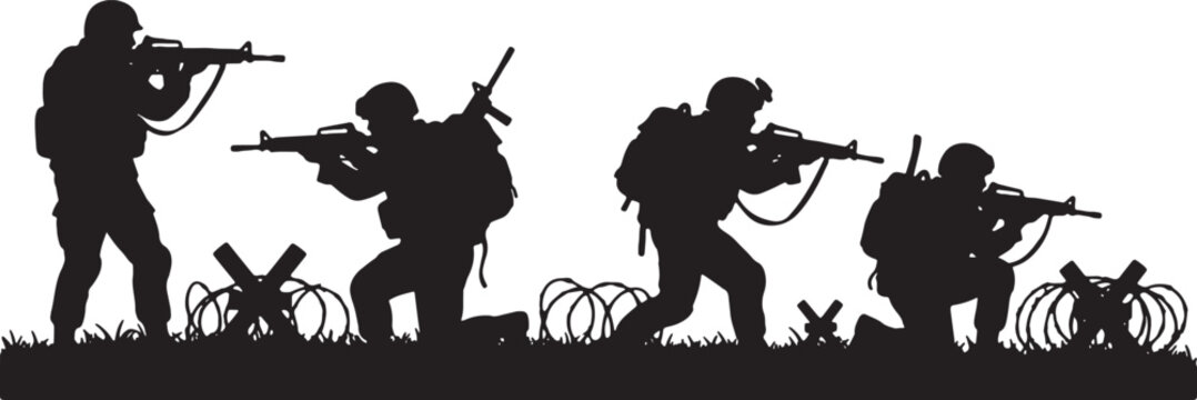 Detailed black silhouette illustration of a military squad of four soldiers in tactical gear with rifles, advancing past barbed wire and barricades in a field on a white background.