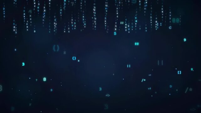 Abstract digital data stream with falling blue binary code and floating numbers on dark background