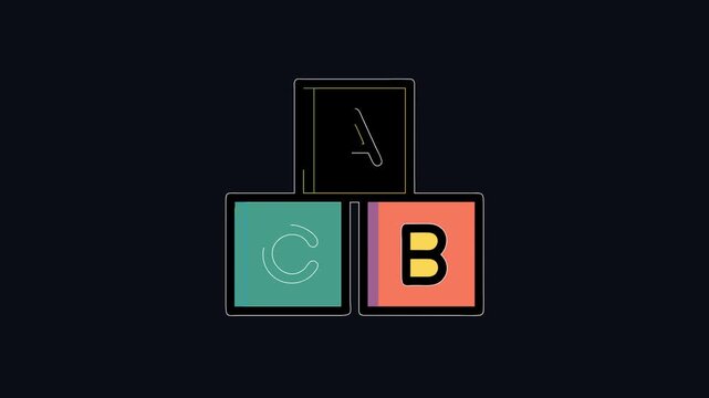 Colorful alphabet blocks flat motion design on black background