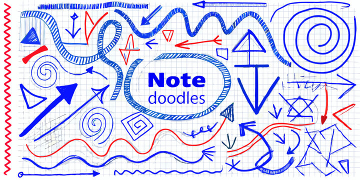 Blue And Red Pen Doodles On Squared Paper Hand Drawn Vector Illustration