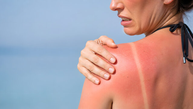 Woman Touching Sunburned Shoulder with Visible Swimsuit Tan Line, Sun Damage Awareness Photography