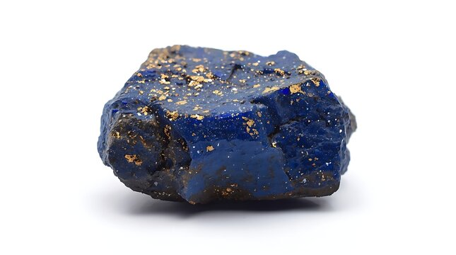 Raw lapis lazuli gemstone mineral with gold pyrite flecks isolated on white background. Studio macro photograph.