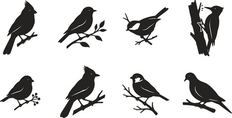 Backyard Bird Silhouette Collection with Cardinal Finch Chickadee Woodpecker Dove and Songbirds © MdSumon