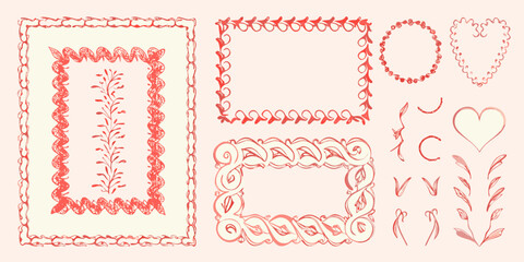 Red sketched floral ornaments and frames decorative vector illustration © Huraya